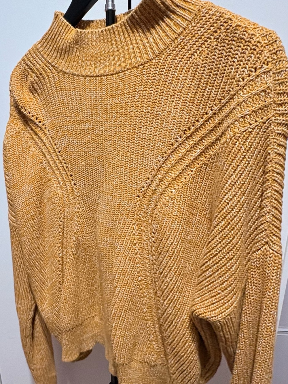 Kendall & Kylie Ribbed Funnel Neck Textured Knit Sweater in Mustard